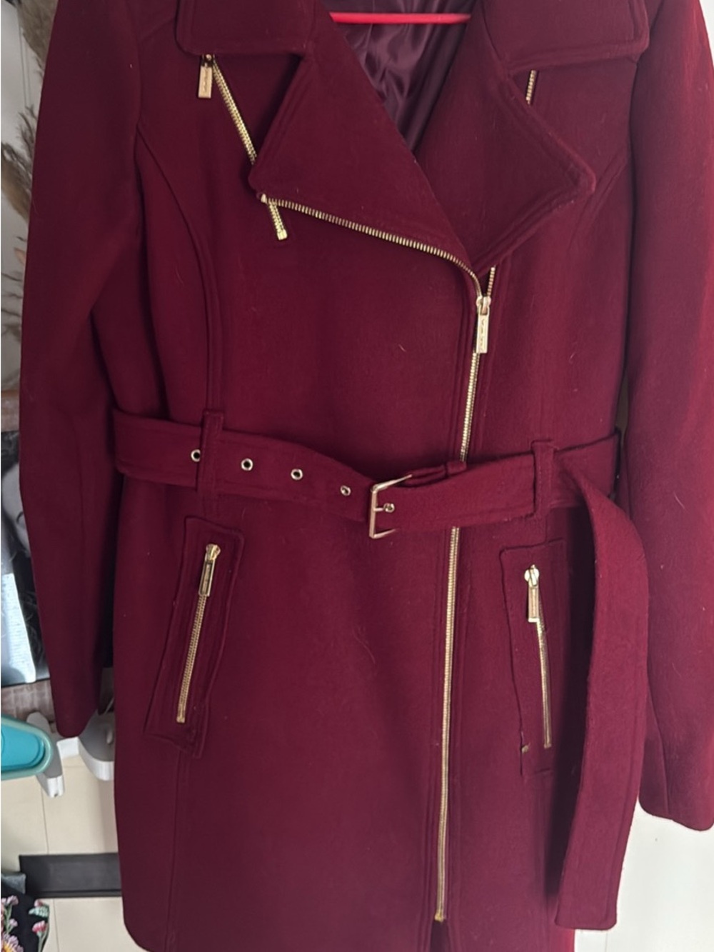Michael Kors Burgundy Belted Pea Coat with Gold Hardware